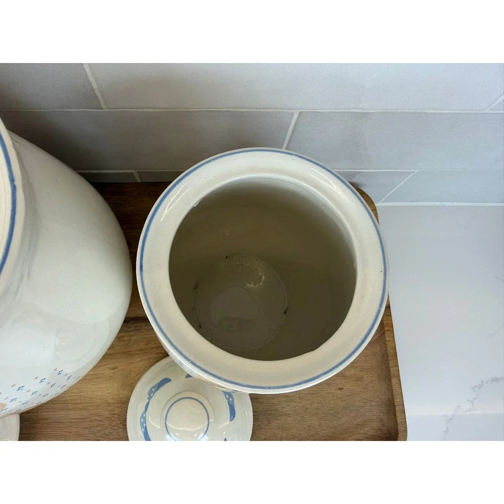 Cream Ceramic Bear Canister Set with Blue Accents - 2 Piece
